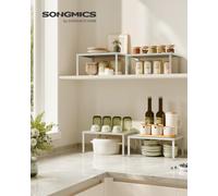 SONGMICS Especiero, Estante para Especias, Organizador para Armarios, para Mostradores, Elevador de Estantes, Apilable, Ampliable, Juego de 2 Estantes Metálicos para Cocina, Beige Avena/Plata/Blanco P