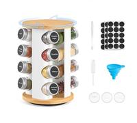 SONGMICS Especiero Giratorio, con 16 Frascos de Vidrio | Organizador de Cocina, Etiquetas, Embudo, Marcador y Cepillo, Blanco Mate y Bambú Natural, Colección BYSTRO KCS256W101