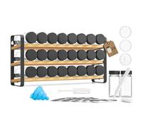 SONGMICS Especiero, Organizador de Especias de Bambú y Acero, con 24 Botes de Cristal, 3 Niveles, 39,5 x 9 x 19,5 cm, Negro, para Encimera y Pared de Cocina, Colección Bystro KCS063B101