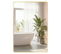 SONGMICS Espejo de Baño, Espejo de Pared, Rectangular, Marco de Aluminio, 91 x 61 cm, Lámina de Seguridad, 2 Opciones de Montaje, para Salón, Dormitorio, Dorado Claro LWM010AB01