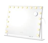 SONGMICS Espejo de Maquillaje con Luz, Control Táctil, 18 Bombillas LED Regulables, Puertos de Carga, 3 Temperaturas Color, Soporte Teléfono, 80 x 60 cm, Blanco Mate LWM003WC02