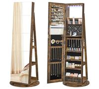 SONGMICS Espejo Joyero con 6 LEDs, Armario de Joyas de Giro de 360° | Organizador de Joyas Giratorio, sin Marco, Superficie Marrón Rústico, Forro Negro, Colección BERIT JJC007X01