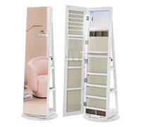 SONGMICS Espejo Joyero con 6 LEDs, Armario de Joyas de Giro de 360°, Organizador de Joyería Giratorio, sin Marco, Espejo Completo, 3 Estantes, Superficie Blanco, Forro Greige, Regalo de Navidad Greige