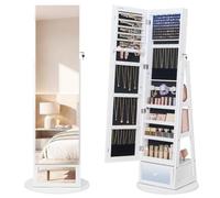 SONGMICS Espejo Joyero con Cajón, Giro de 360°, sin Marco, Estantes | Armario de Joyas, Espejo Completo, Superficie Blanco, Forro Negro Tinta, Colección BERIT JJC037W101