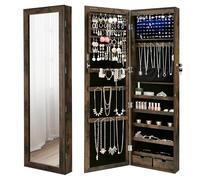 SONGMICS Espejo Joyero LED, 120 cm de Alto con Cerradura, Armario Joyero de Pared o Montado en la Puerta, Organizador de Joyas con Espejo, 2 Cajones, 10 x 37 x 120 cm, Marrón Rústico JJC93CB