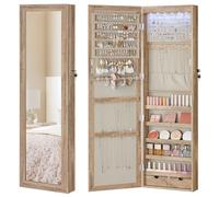 SONGMICS Espejo Joyero LED, con Cerradura, 2 Cajones, 120 cm de Alto | Armario Joyero de Pared o Montado en la Puerta, 10 x 37 x 120 cm, Roble Tostado, Colección BERIT JJC093N01