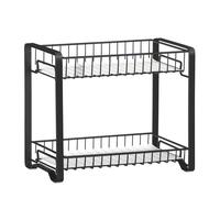 SONGMICS Estante de especias, estante de almacenamiento de cocina de metal de 2 niveles, soporte de especias con tablas de plástico, patas antideslizantes, para cocina, baño, Negro/Plata Plata