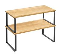 SONGMICS Estante para Especias Extensible, Juego de 2 | Organizador de Armario, Metal y Bambú, Color bambú original y negro mate, Colección BYSTRO KCS200B01