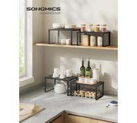 SONGMICS Estante para Especias, Juego de 2, Organizador de Armario, Estante de Almacenamiento de Cocina Extensible, Especiero de Metal y Madera de Ingeniería, Negro Ébano y Negro Negro Ébano y Negro