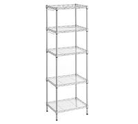 SONGMICS Estanteria Baño, Cromado, 5 Niveles, Regulable en Altura, Acero | Estante de Almacenamiento, 4 Ganchos, Tabla de plástico, Mueble de baño, para Cocina, Plata, Colección DALTEN LGR115E01