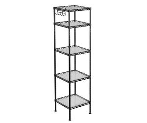 SONGMICS Estantería Baño, Estantería Metal, Carga Total de 100 kg, 5 Hojas de PP, Ganchos Desmontables, 30 x 30 x 123,5 cm, Diseño Expandible, para Espacio Pequeño, Negro y Traslúcido/Blanco y Negro, 