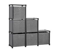 SONGMICS Estantería de 6 Cubos, Estantería de Almacenaje con 6 Cajas de Tela, Organizador Multiusos, Estructura de Metal, Martillo de Goma Incluido, 30 x 105 x 105 cm, Negro LSN66BK