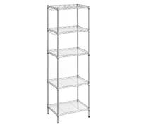 SONGMICS - Estantería de Cocina, Estante de Almacenamiento, 5 Niveles, Fino, 8 Ganchos, Mueble de baño, Tabla de plástico, Regulable en Altura, Metal, para Cocina, Plata Silver