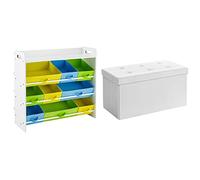 SONGMICS Estantería de Juguetes con 9 Cajones de Tela no Tejida Extraíbles + LSF106 Baúl Puff - Taburete para Almacenaje Plegable Carga máxima de 300 kg Blanco, 76 x 38 x 38 cm