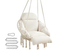 SONGMICS Hamaca Silla, Silla Colgante, Cojín Grande y Grueso, Boho para Dormitorio, Balcón, Jardín, Sala de Estar, Soporta hasta 120 kg, Incluyen Accesorios, Blanco Crema y Gris Paloma/Gris Paloma/Bla