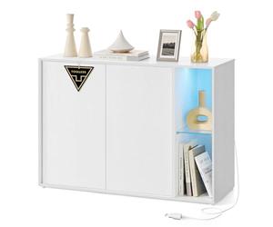 SONGMICS Home Aparador, Montaje Súper Rápido Sin Herramientas Toolless, Mueble de TV con Iluminación y Estante de Cristal, Aparador, Blanco Nieve BBK372W01