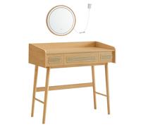 SONGMICS HOME BOHOVEN Colección - Tocador con Espejo y Luz, Tocador de Maquillaje con 3 Cajones Ratán, Luz de Control Táctil con 3 Tonos de Color, Regulable, Estilo Boho, para Dormitorio, Beige Roble