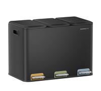 SONGMICS HOME Papelera de Cocina Triple, Cubo de Basura de 3 x 15 L con Pedales Codificados por Colores, Sistema de Separación de Residuos, con Tapas y Cubos Interiores, Acero, Negro/Plata Metálico