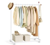 SONGMICS HOME Perchero, Perchero Metálico con Ruedas, 1 Barra para Colgar, Ganchos para Cerillas, Blanco Mate HSR170W01