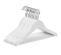 SONGMICS Juego de 10 Perchas para Niños de Madera Maciza, para Ropa Infantil, con Barra de Pantalones, Muescas en Hombros, Ganchos Giratorios, 35 cm Largo, Blanco y Plata CRW006W02