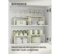 SONGMICS Juego de 2 estantes para especias de armario expandibles, organizador de estantes de cocina apilable, metal/madera, negro/marrón rústico/Blanco Nube/Beige Capuchino/Blanco Nieve y Blanco Beig
