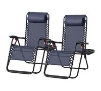SONGMICS Juego de 2 Tumbonas Plegables, Sillas de Gravedad Cero, Tumbonas Reclinables, Carga de 110 kg por Silla, Reposacabezas Ajustable, Bandeja, para Terraza, Jardín, Gris Oscuro/Negro/Azul Oscuro