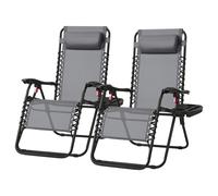 SONGMICS Juego de 2 Tumbonas Plegables, Sillas de Gravedad Cero, Tumbonas Reclinables, Carga de 110 kg por Silla, Reposacabezas Ajustable, Bandeja, para Terraza, Jardín, Gris Oscuro/Negro/Azul Oscuro