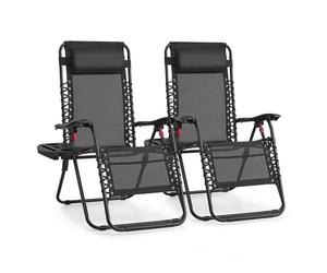 SONGMICS Juego de 2 Tumbonas Plegables, Sillas de Gravedad Cero, Tumbonas Reclinables, Carga de 110 kg por Silla, Reposacabezas Ajustable, Bandeja, para Terraza, Jardín, Negro GLB032BZ02