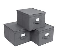 SONGMICS - Juego de 3 cajas de almacenamiento plegables con tapas, cubo de tela mon-tejida con portaetiquetas, cesta, organizador, caja, 40 x 30 x 25 cm, Gris/Negro Negro