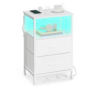 SONGMICS Mesita de Noche con Luces LED y Estación de Carga | 2 Cajones y Estante Abierto, 39,6 x 30 x 60,4 cm, para Dormitorio, Blanco Nube y Blanco Nieve, COLECCIÓN BELLAH LGS302WH03