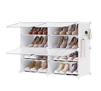 SONGMICS Mueble Zapatero Plástico, 4 Compartimentos para 16 Pares de Zapatos, con Puertas, Estructura de Acero y Estantes de Plástico, Armario para Dormitorio, Blanco Nube y Transparente LPC032W01