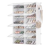 SONGMICS Mueble Zapatero Plástico, 8 Compartimentos para 32 Pares de Zapatos, con Puertas, Estructura de Acero y Estantes de Plástico, Armario para Dormitorio, Blanco Nube y Transparente LPC034W01