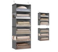 SONGMICS Organizador Colgante, Juego de 2, Organizadora de Armario, Estante Divisible, Almacenamiento Plegable y Ahorra Espacio, Ganchos de Metal y Soporte de Bambú, Gris Paloma RCH008G01