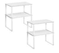 SONGMICS Organizadores de Cocina, Juego de 4 Estantes de Cocina, para Almacenamiento de Gabinete, Apilables, Expandibles, Metal y Madera de Ingeniería, Marrón Rústico y Negro/Blanco Nube y Blanco Niev