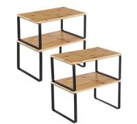 SONGMICS Organizadores de Cocina, Juego de 4 Estantes de Cocina, para Almacenamiento de Gabinete, Apilables, Expandibles, Metal y Madera de Ingeniería, Negro y Natural