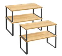 SONGMICS Organizadores de Cocina, Juego de 4 Estantes de Cocina, para Almacenamiento de Gabinete, Apilables, Expandibles, Metal y Madera de Ingeniería, Negro Tinta y Beige Natural KCS210B01