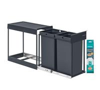 SONGMICS Papelera de Cocina, 2 x 15 L, Extraíble, Marco de Acero | Cubo de Basura para Armario, Reciclaje y Residuos, Compartimentos Dobles, Tapa ABS, Gris, Colección PETAJA LTB950GZ01