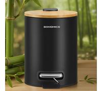 SONGMICS Papelera Pequeña, Cubo de Basura con Tapa de Bambú, 3 L | Cubo Interior Extraíble, Pedal de Metal, Cierre Suave, para Baño, Negro, Colección ISLAND LTB113BZ01