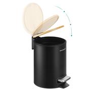 SONGMICS Papelera Pequeña, Cubo de Basura con Tapa de Bambú, Pedal de Metal, Cubo Interior Extraíble, Cierre Suave, para Baño, 3 L, Negro Tinta/Blanco Nube Black ink