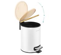 SONGMICS Papelera Pequeña, Cubo de Basura con Tapa de Bambú, Pedal de Metal, Cubo Interior Extraíble, Cierre Suave, para Baño, 3 L, Negro Tinta/Blanco Nube Cloud white