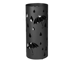 SONGMICS Paragüero de Metal, Cilindrico, Soporte de Paragüas, con Gancho, Bandeja de Goteo, Ø19,5 x 49 cm, Negro