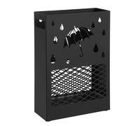 SONGMICS Paragüero de Metal, Soporte de Paraguas, Rectangular, con Bandeja de Agua Extraíble, 4 Ganchos, Diseño Tallado, para Entrada, Oficina, Negro Negro