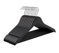 SONGMICS Percha de Madera Maciza, Juego de 10, con Ranuras para Hombros, Barra Antideslizante para Pantalones, Gancho Giratorio de 360°, para Trajes, Camisas, Abrigos, Negro y Plata CRW02B10
