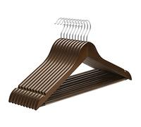 SONGMICS Percha de Madera Maciza, Juego de 10, con Ranuras para Hombros, Barra Antideslizante para Pantalones, Gancho Giratorio de 360°, para Trajes, Camisas, Abrigos, Nogal Oscuro y Plata CRW001V01