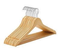 SONGMICS Percha de Madera Maciza, Juego de 10, con Ranuras para Hombros, Barra Antideslizante para Pantalones, Gancho Giratorio de 360°, para Trajes, Camisas, Abrigos, Natural y Plata CRW001-10
