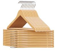 SONGMICS Percha de Madera Maciza, Juego de 20, con Ranuras para Hombros, Barra Antideslizante para Pantalones, Gancho Giratorio de 360°, para Trajes, Camisas, Abrigos, Natural y Plata CRW001-20