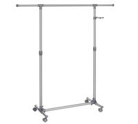 SONGMICS Perchero Ajustable, Perchero para Ropa Rodante, Tubo Revestido de Acero Inoxidable, con Rieles Colgantes Extensibles, Barra de Accesorios, Color Plata y Verde Salvia Plata