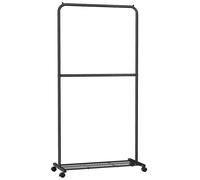 SONGMICS Perchero Burro, Burro de Ropa con 2 Barras, Marco de Metal, Barra Colgante de 91 cm de Ancho, con Estante, 2 Ruedas Bloqueables, Cada Barra Soporta hasta 20 kg, Negro/Blanco Blanco