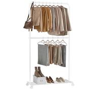 SONGMICS Perchero Burro, Burro de Ropa con 2 Barras, Marco de Metal, Barra Colgante de 91 cm de Ancho, con Estante, 2 Ruedas Bloqueables, Cada Barra Soporta hasta 20 kg, Blanco HSR027W01