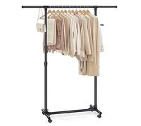 SONGMICS Perchero con Ruedas, Burro para Ropa, Altura Ajustable 97-165 cm, Barra Extensible, Ganchos Laterales para Accesorios, Negro LLR001B01